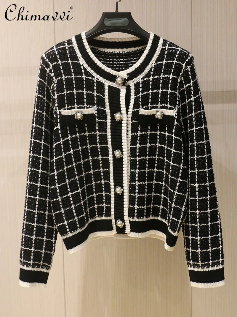 

Fashion Plaid Knitted Cardigan Women Autumn and Winter New OL Pearl Buttons Round Neck Long Sleeve High-end Sweater Coat