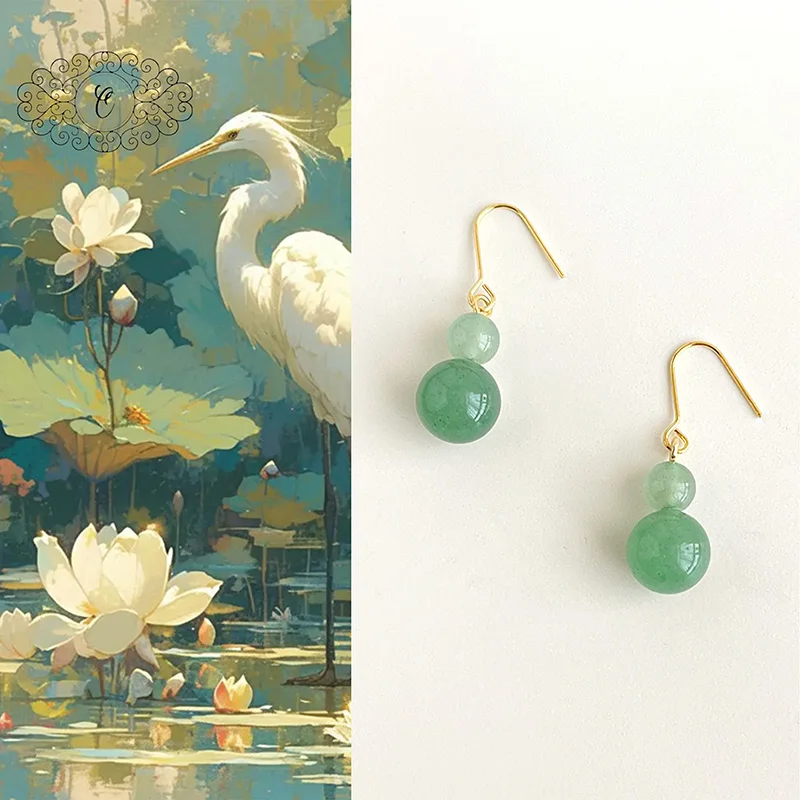 

Green Aventurine Earrings Gold Hook, Polished Gemstone Bead Dangle, Minimalist Elegant Jewelry