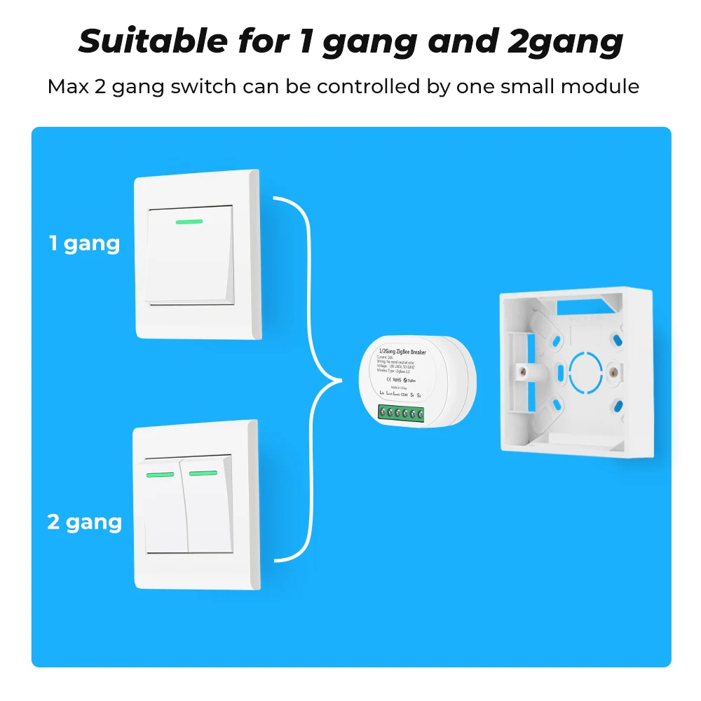 1/2 Gang 16A No Neutral Wire Tuya ZigBee Smart Light Switch Mini Module Breaker 2 Way Control For Alexa Google Home