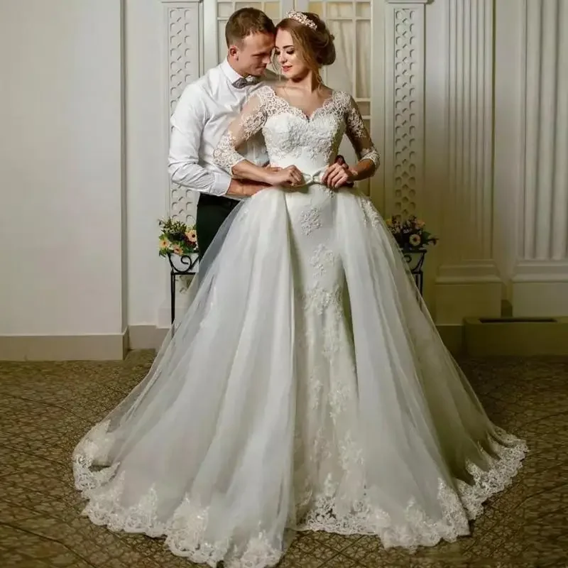 Customized Fashion Mermaid Wedding Dresses With Detachable Train African Lace Country Garden3/4 Sleeves Bridal Gowns