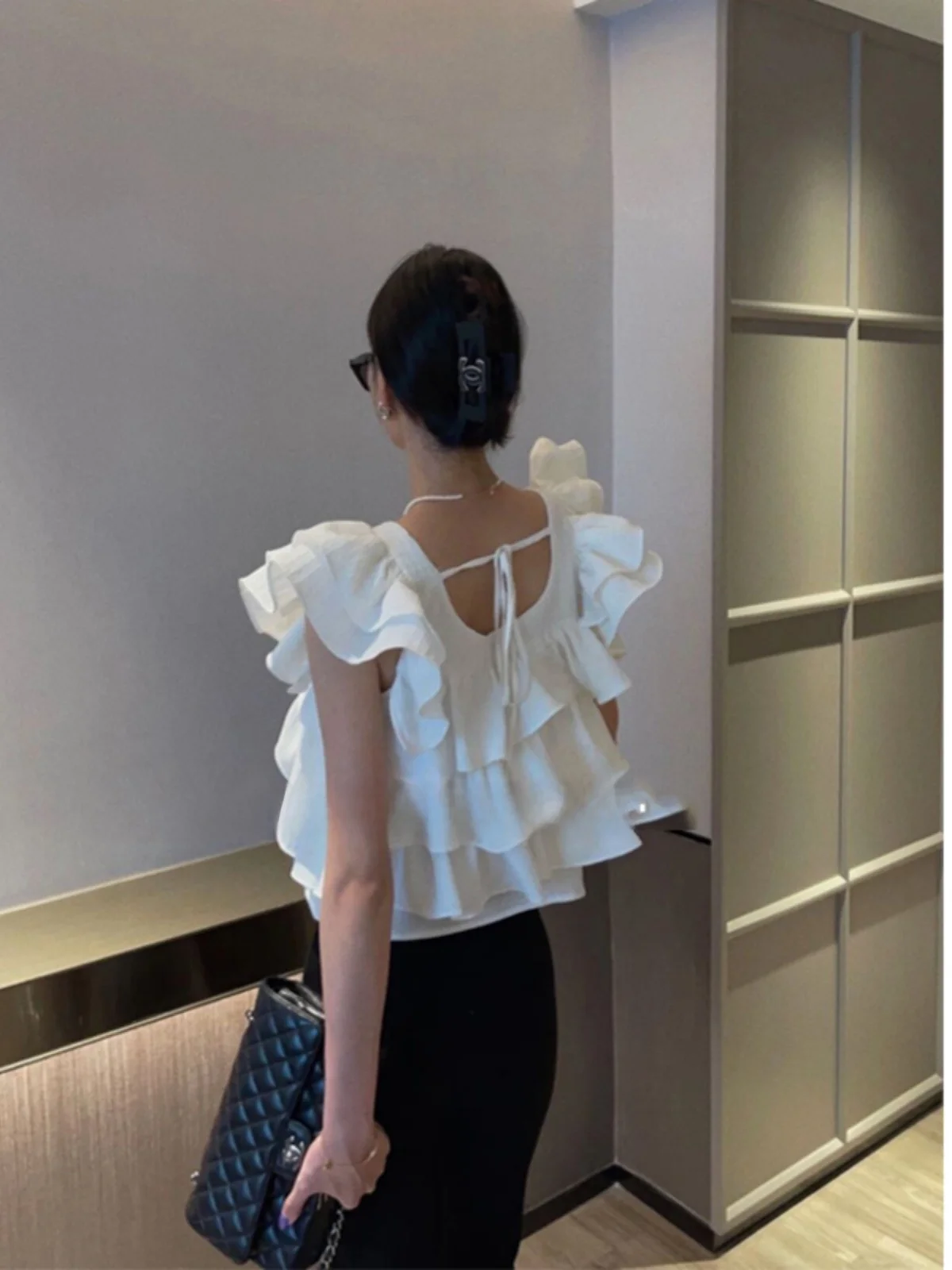 

Dongda Gate Summer New Sle Women's Cake irt Bal Fly Sve Square Collar Baked Potato Design Original High Waist