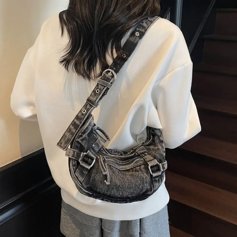 

Leisure American Style Canvas Dumpling Bag Adjustable Strap Retro Denim Crossbody Bag Harajuku Zipper Underarm Bag Daily