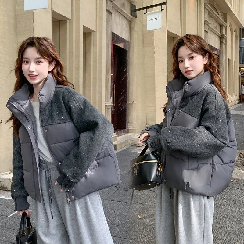 

New Design Women's Korean Down Cotton Jacket Winter Thicke Warm Shiny Splicing Cotton Clothing Female Hooded Parker Outerwear