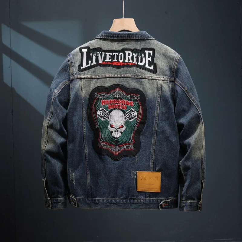 Motorcycle Embroidery Denim Jacket Men's Street Retro Nostalgic American Workwear 2024 Spring and Autumn New Menswear Clothing