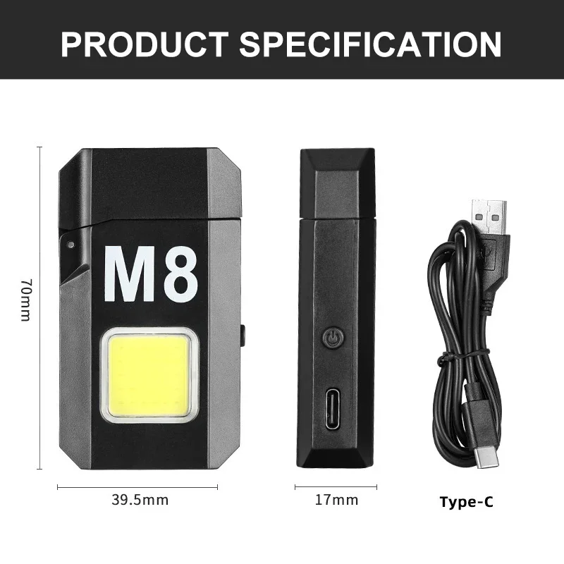 COB Led Flahlight With Lighters Dual Arc Pulse Flameless Lighter Type C Rechargeable Lighter Work Light Mini Light Men\'s Gift