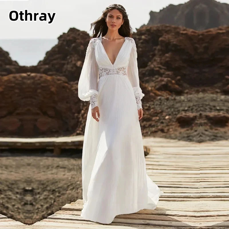 

Othray Lace A Line Wedding Dresses Chiffon Long Sleeve Bridal Gown Deep V-Neck Applique Boho Bride Dress vestidos de novia