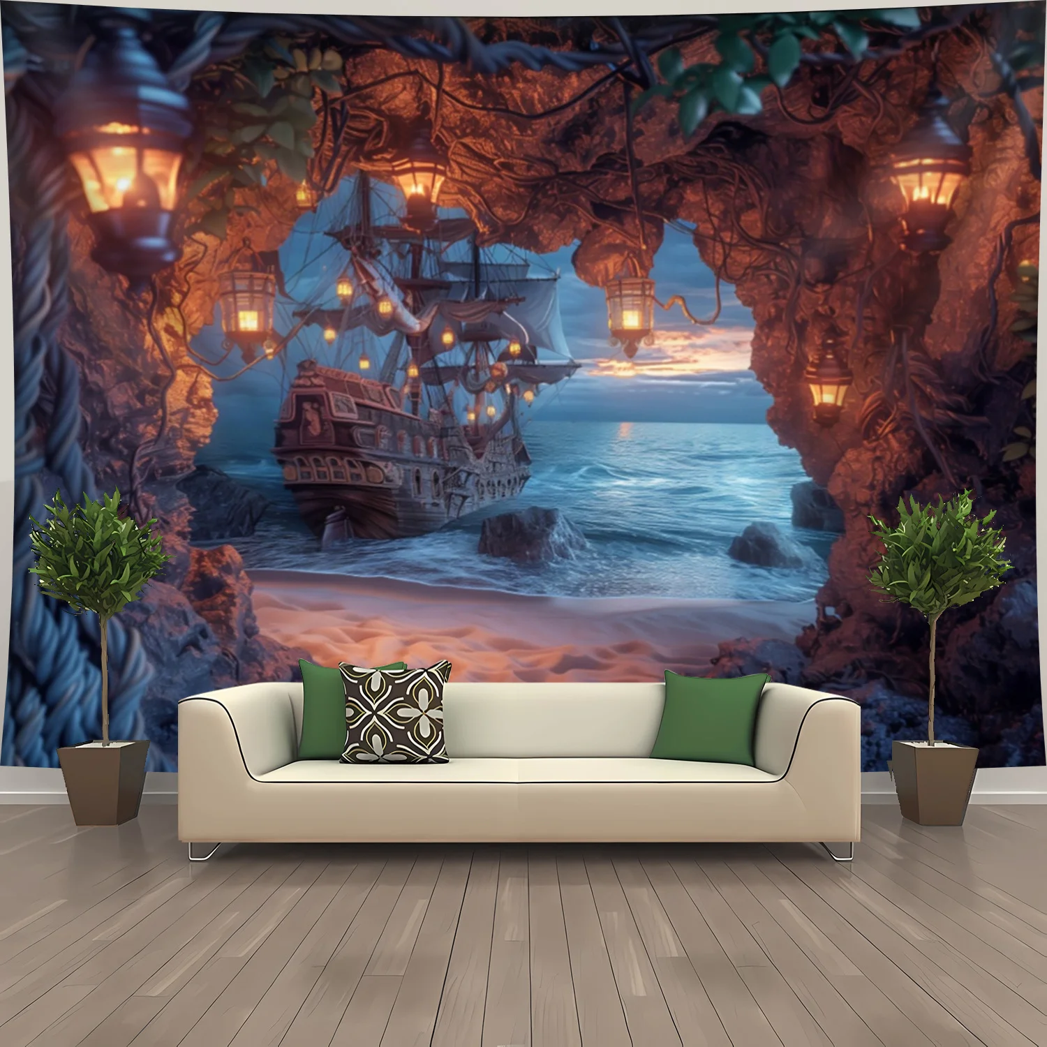 Pirate Ship Cave Tapestry, Fantasy Ocean Wall Hanging, Vintage Lantern Decor, 3D Scenery Background Cloth for Living Room