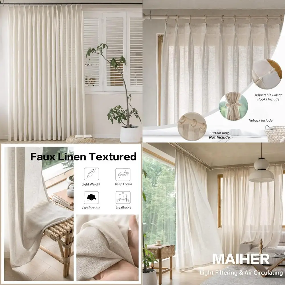 

Light Filtering Semi-Sheer Linen-Style Pinch Pleat Curtains, 96" Length for Living Room with Hooks