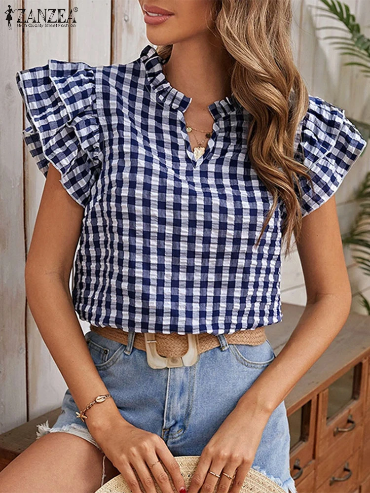 

Summer Plaid Shirts ZANZEA Fashion Blouse Women Short Sleeve Ruffled Tunic Tops 2025 V-Neck Casual Elegant Streetwear Blusas