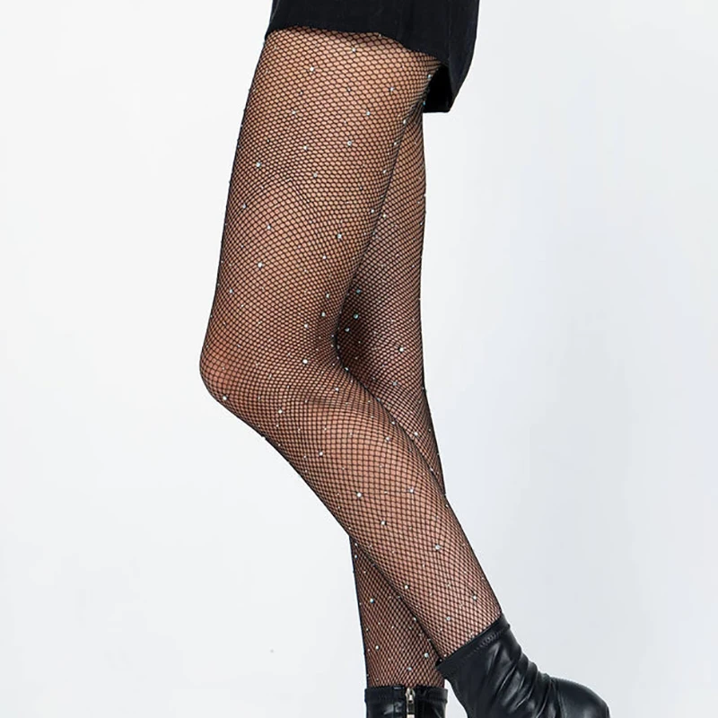 1 Pair Rhinestone Fishnet Stockings For Women Black Sexy Ultra Sparkly High Waist Tights Female Party Leggings DS1155