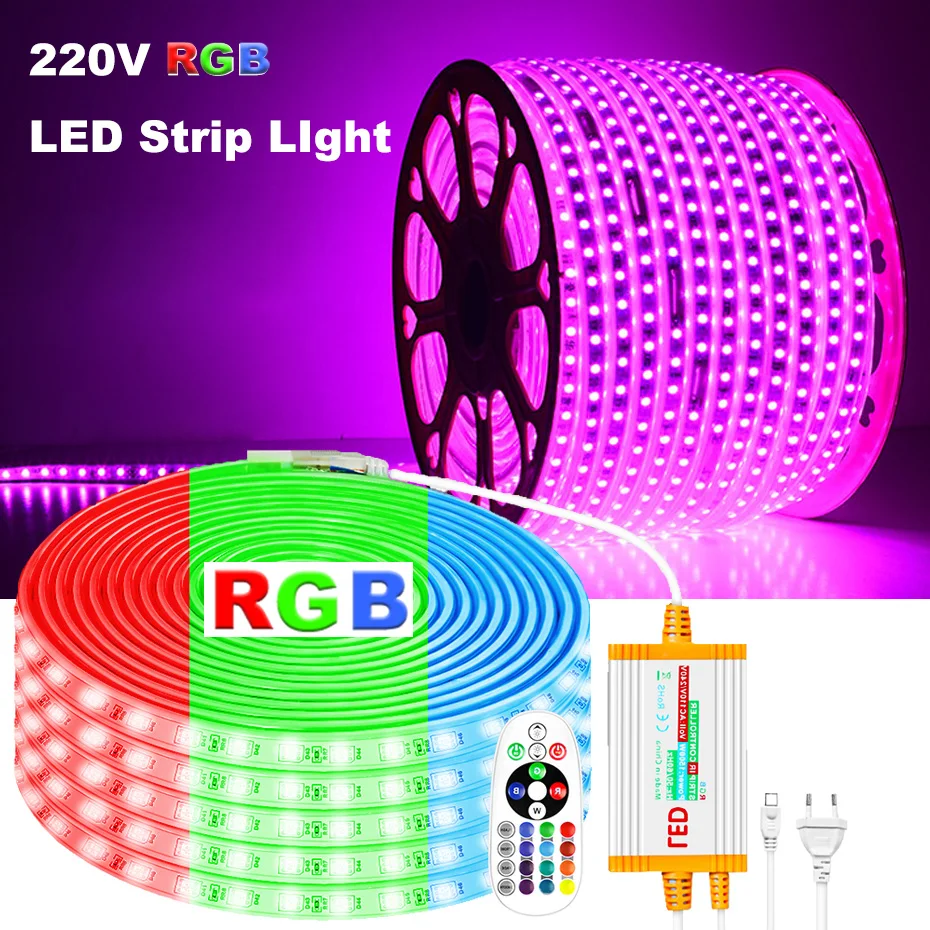 

Светодиодная лента IP67 RGB 5050, 4-контактная, 220В, 1-100м, для наружного декора, с пультом ДУ на 24 кнопки, водонепроницаемый контроллер, 1500Вт