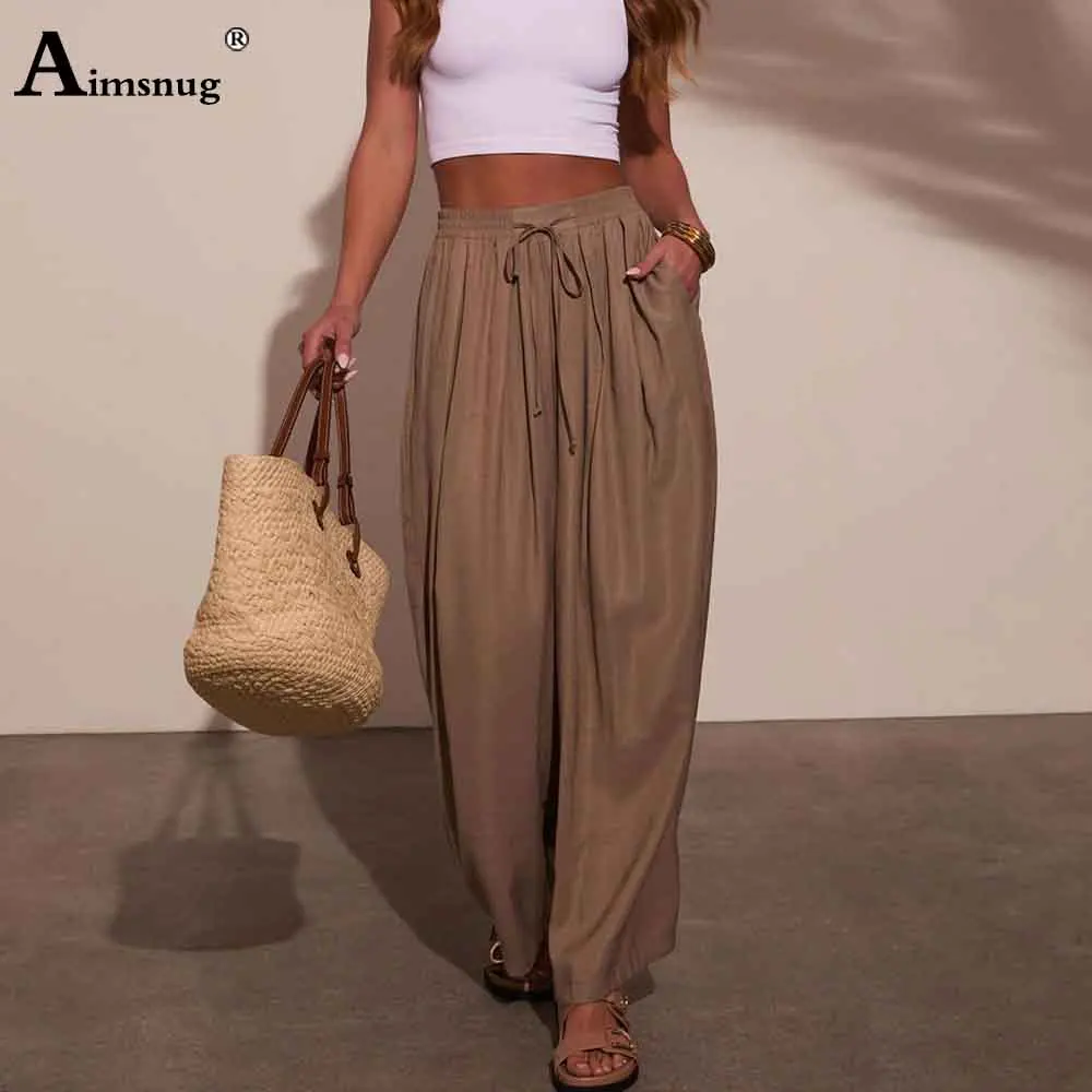

European 2026 Women Casual Wide Leg Pants Solid Dark Brown Beach Trousers Plus Size Womens Elastic Waist Ankle-Length Pants New