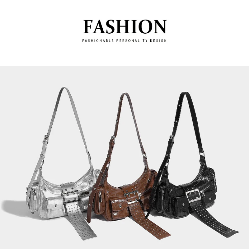 Niche Punk Style Hot Girl Versatile Rivet Belt Buckle Handbag 2024 Trendy One-shoulder Underarm Motorcycle Bag