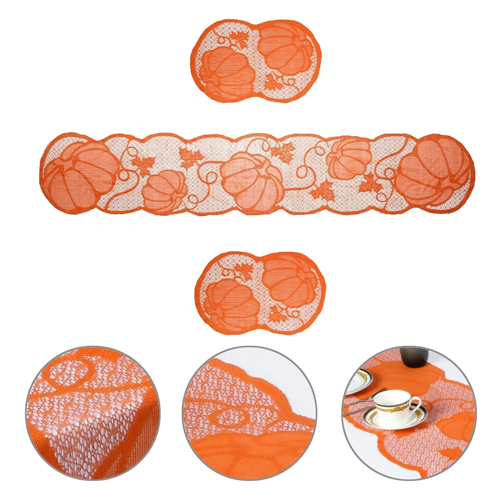 

3pcs Thanksgiving Hollowed Pumpkin Polyester Table Runner Mats Orange Festive Party Decoration Reusable Foldable