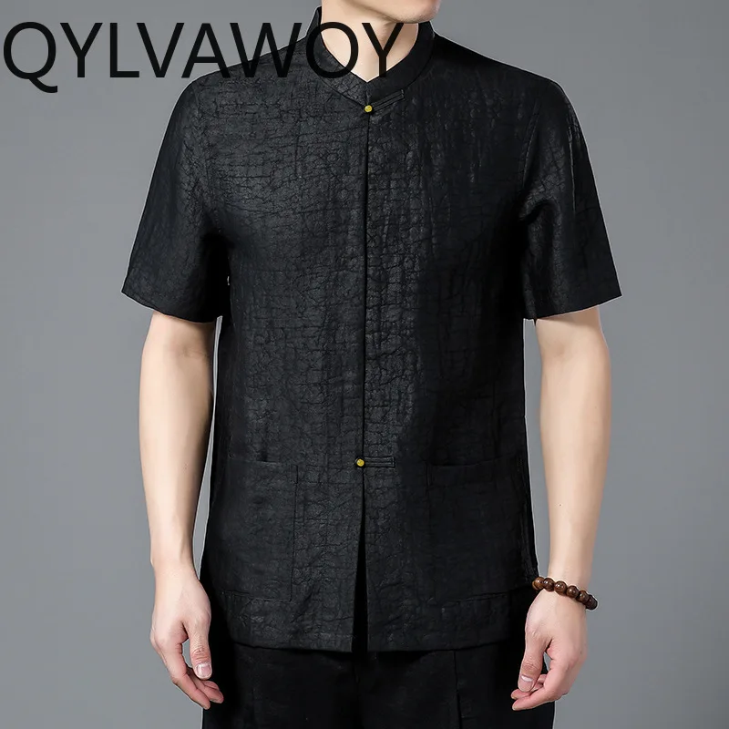 QYLVAWOY Brand 100% Real Mulberry Silk Shirt Men Clothing 2026 Summer Xiangyunsha Short Sleeve Tops Stand Collar Black Shirts