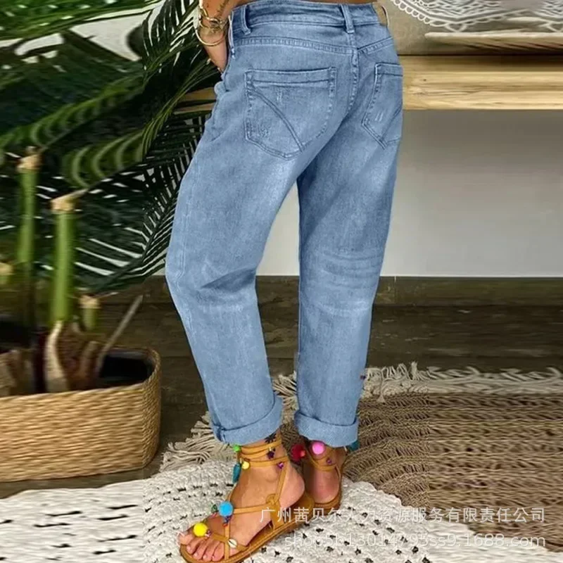 Button Fly Ripped Low Waist Jeans Denim Autumn 2023 Casual Loose Women Hole Button Pocket Long Pants Straight Slim Fit Trousers