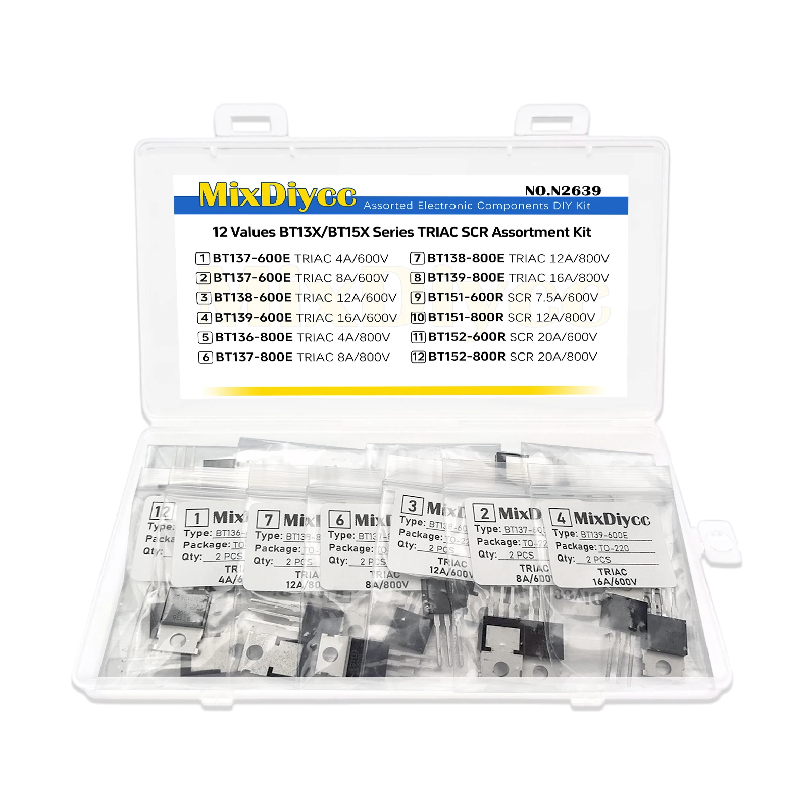12 Values BT TO-220 TRIAC Kit BT136 BT137 BT138 BT139 -600E/-800E BT151 BT151 BT152 BT152 -600R/-800R Thyristor Total 24 Pcs