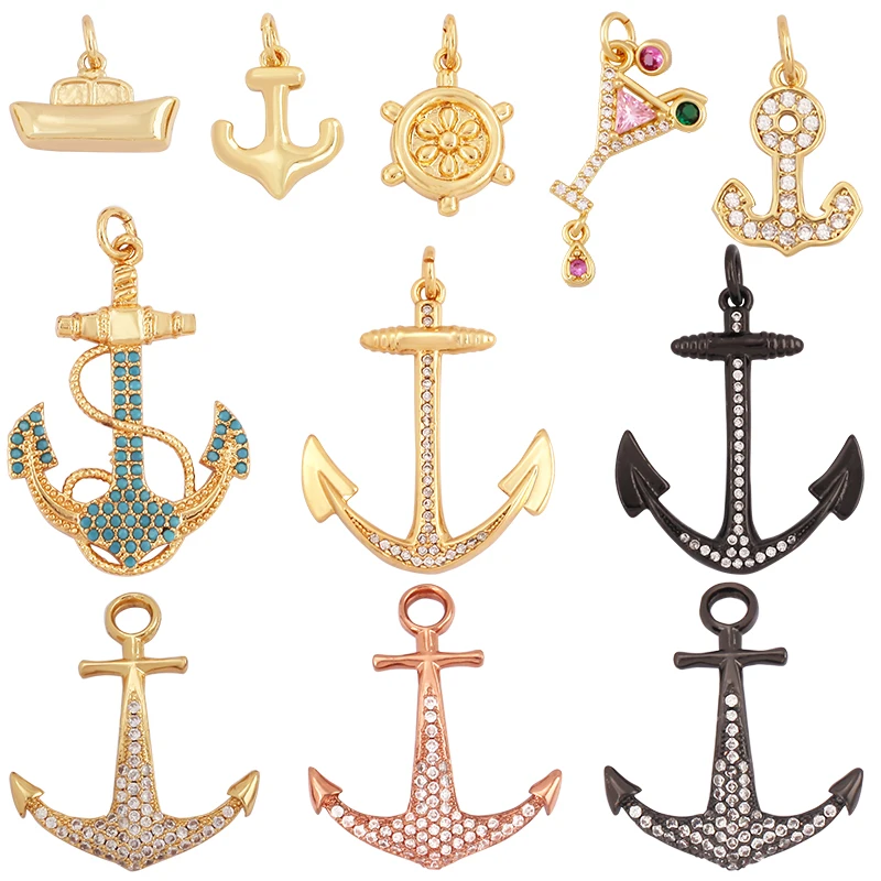 Trendy Ocean Sea River Boat Anchor Boat Rudder Charm Pendant,18K Gold Plated Zircon Jewelry Findings Accessories Supplies P02