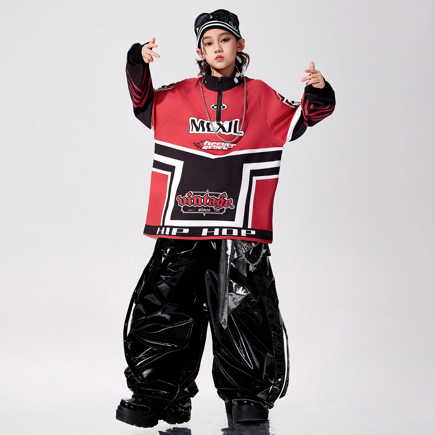 Boys Hip Hop Contrast Sweatshirt PU Leather Cargo Pants Girls K-pop Street Dance Costumes Kids Jazz Clothes Children Streetwear