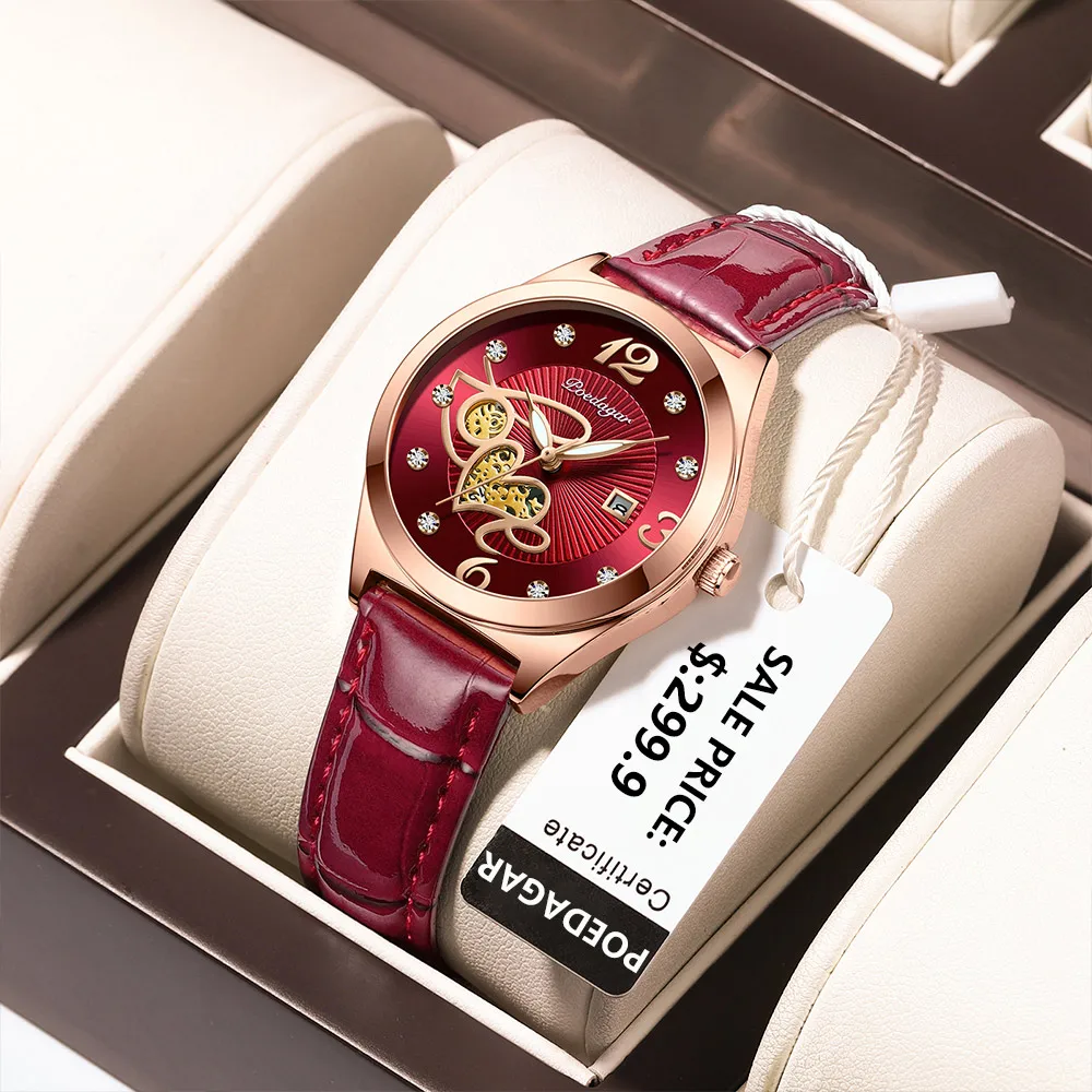 

POEDAGAR Fashion Quartz Watch Women Luxury Elegant Casual Clock Red Leather Waterproof Luminous Date Female Watch Montre Femme