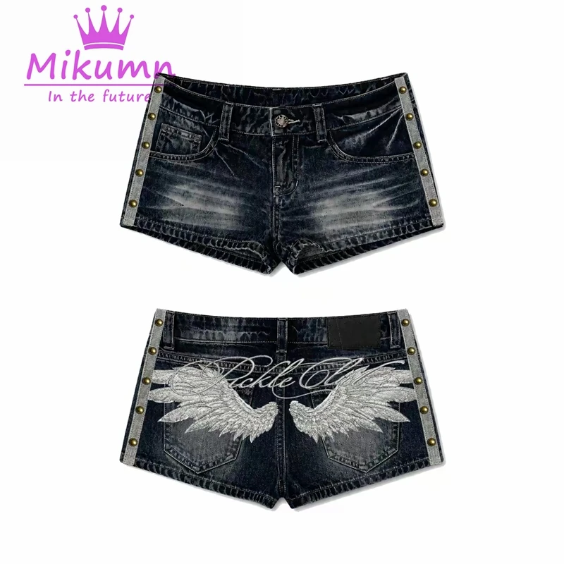 

Y2K Grunge Gothic Angel Wings Embroidered Denim Shorts Punk Rivet Low Waist Short Pants Women Vintage Aesthetic Jean Shorts