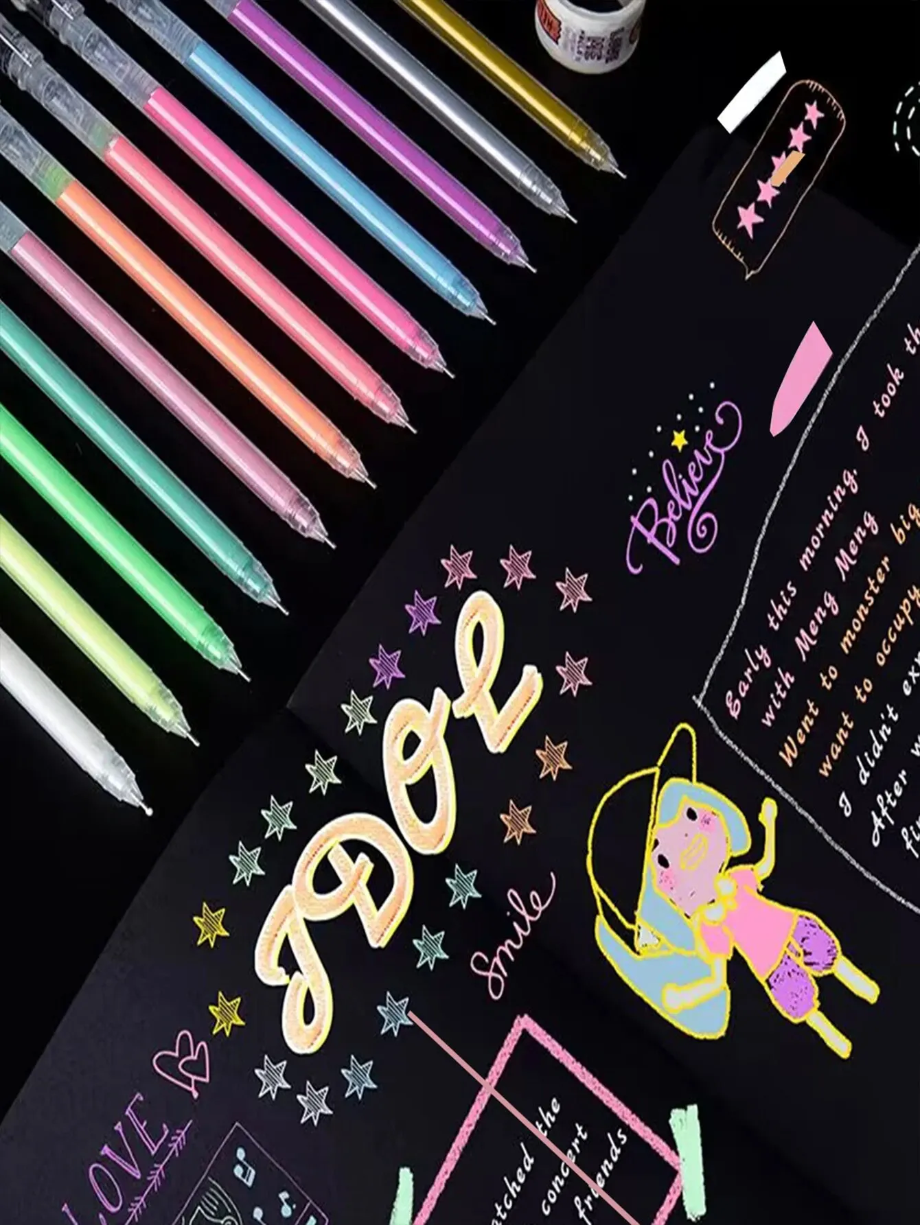 12-farbiger Nadel-Textmarker mit großer Kapazität, feine Spitze, 0,5 mm, Gelstift, Zeichnung, DIY, schwarzer Karton, Zeichnung, Markierung, Tagebuch, Kritzeln – Detail 3