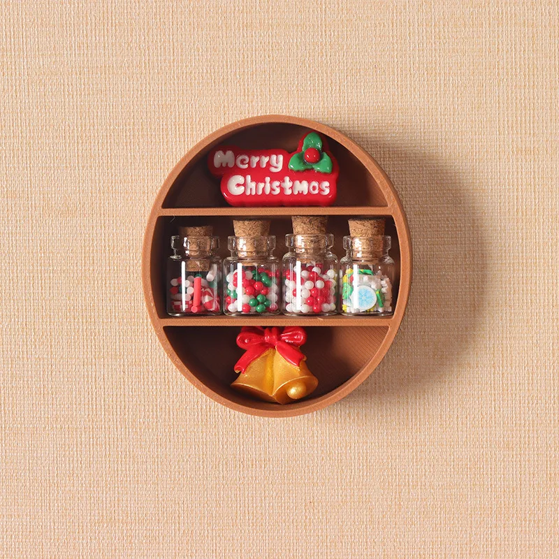 

5pcs Dollhouse Mini Christmas Candy Jars, Glass Wishing Bottles with Wooden Rack, DIY Dollhouse Holiday Decoration Accessories