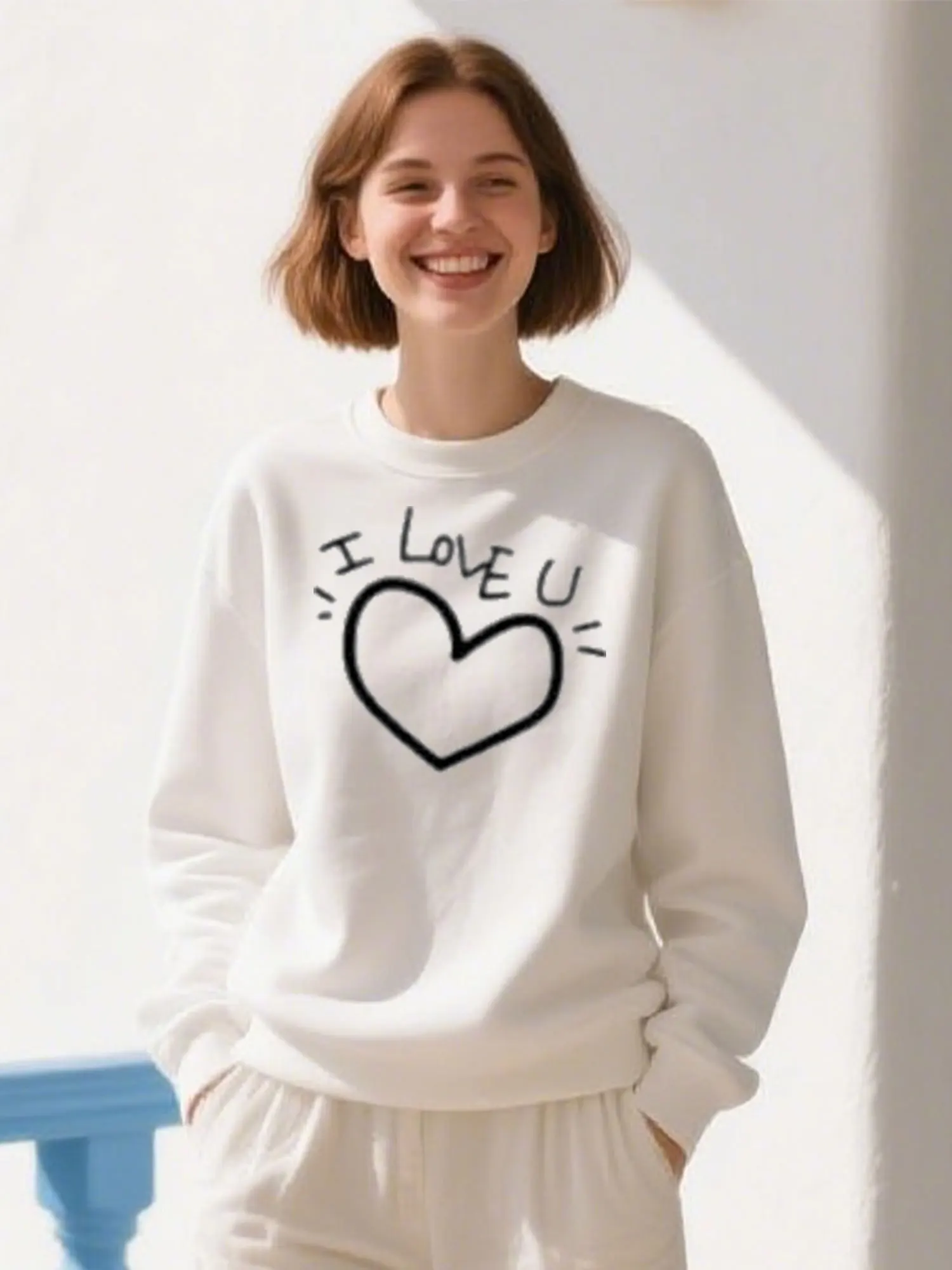 

I Love U Heart Print Cotton Crewneck Sweatshirt, Unisex Casual Pullover For Christmas
