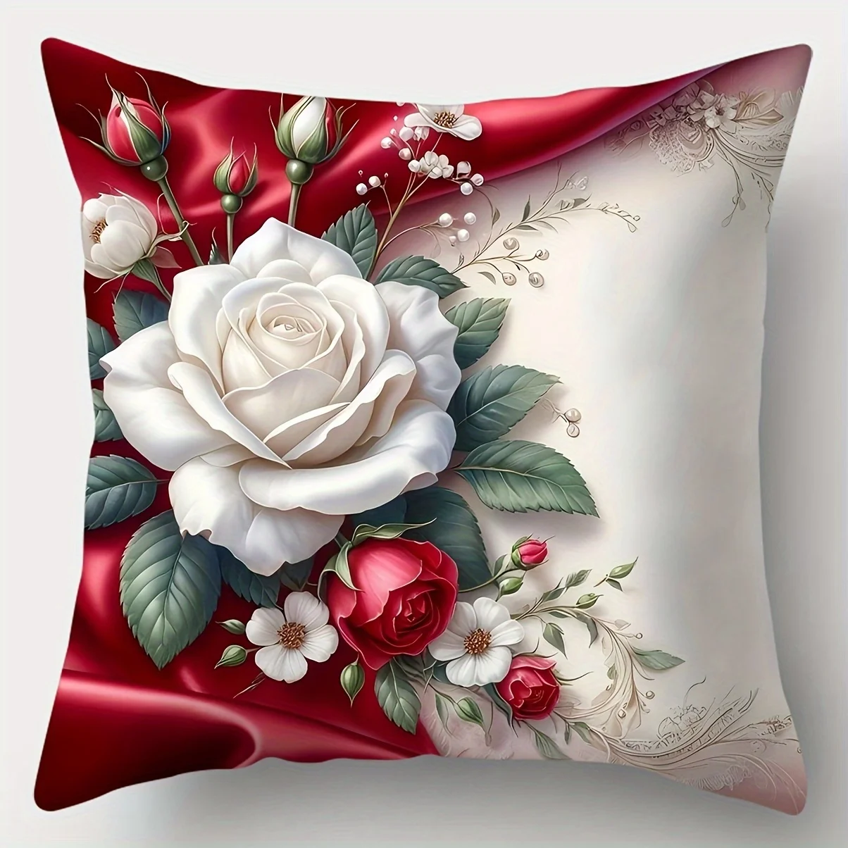 4 Pcs Elegant Red & White Rose Floral Pillow Covers – Decorative Cushion Covers for Living Room, Bedroom & Home Decor