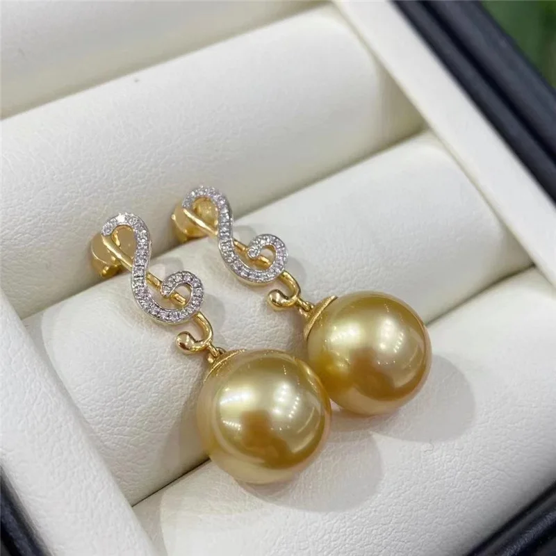 

S925 Women Earring Beautiful Real 10-11mm 11-12mm China Ocean gold Pearl Wedding Banquet Christmas Gift 080315