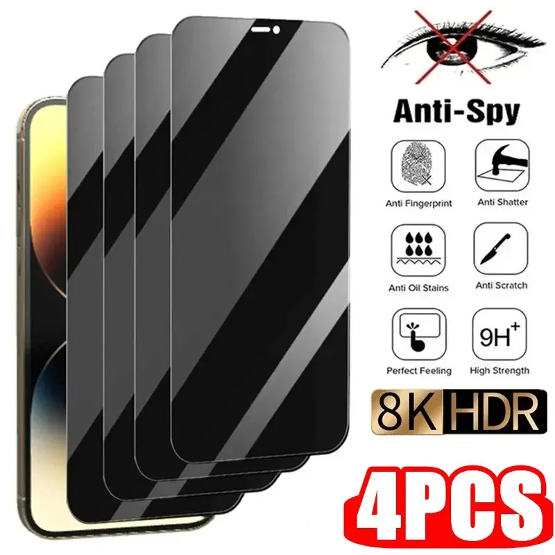 4PCS Full Cover Privacy Glass For iPhone 13 14 15 Pro Max Anti-Spy Screen Protector For iPhone 13 12 11 14 15 Pro Tempered Glass