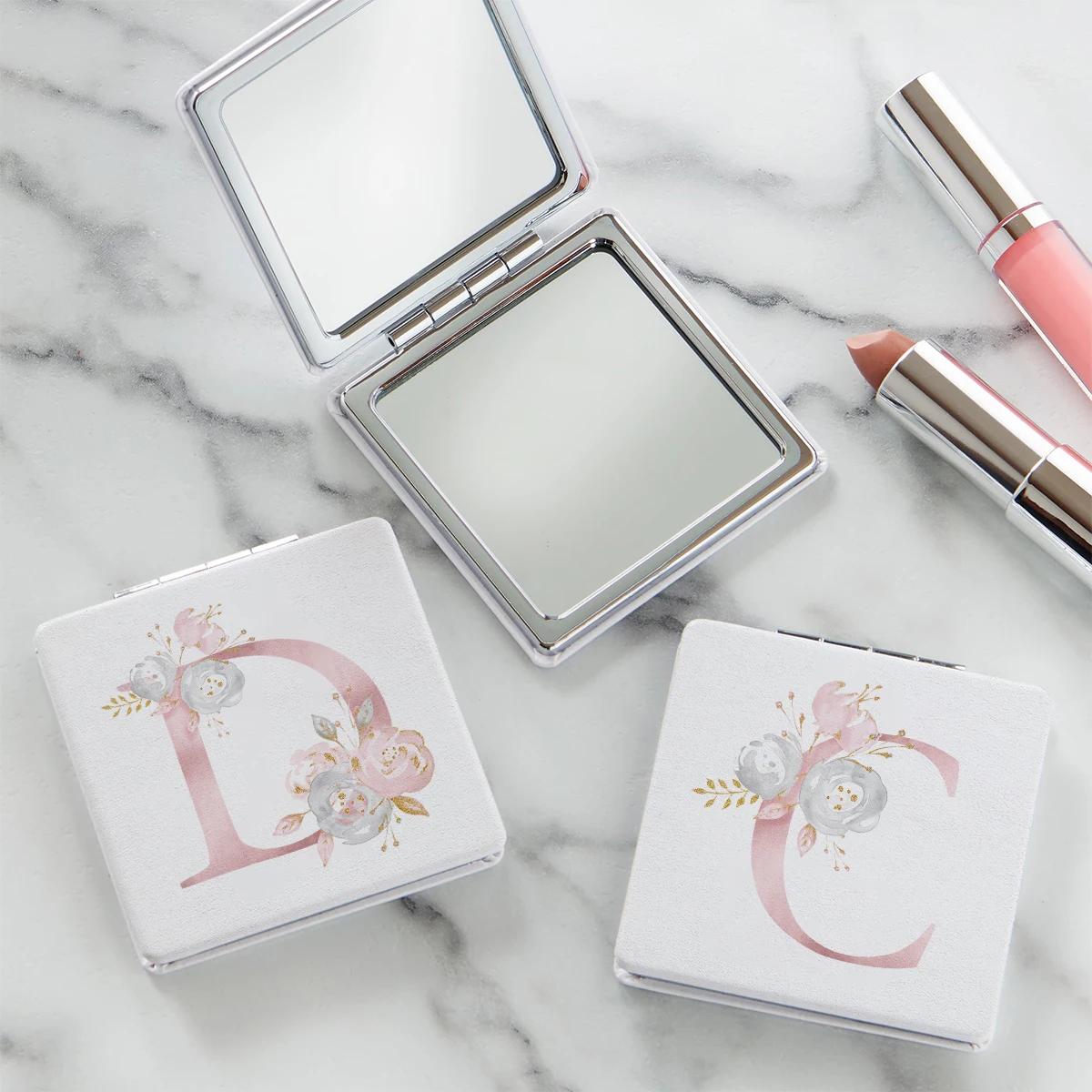 Personalized floral first letter white square double-sided portable makeup mirror with foldable women's pocket mirror