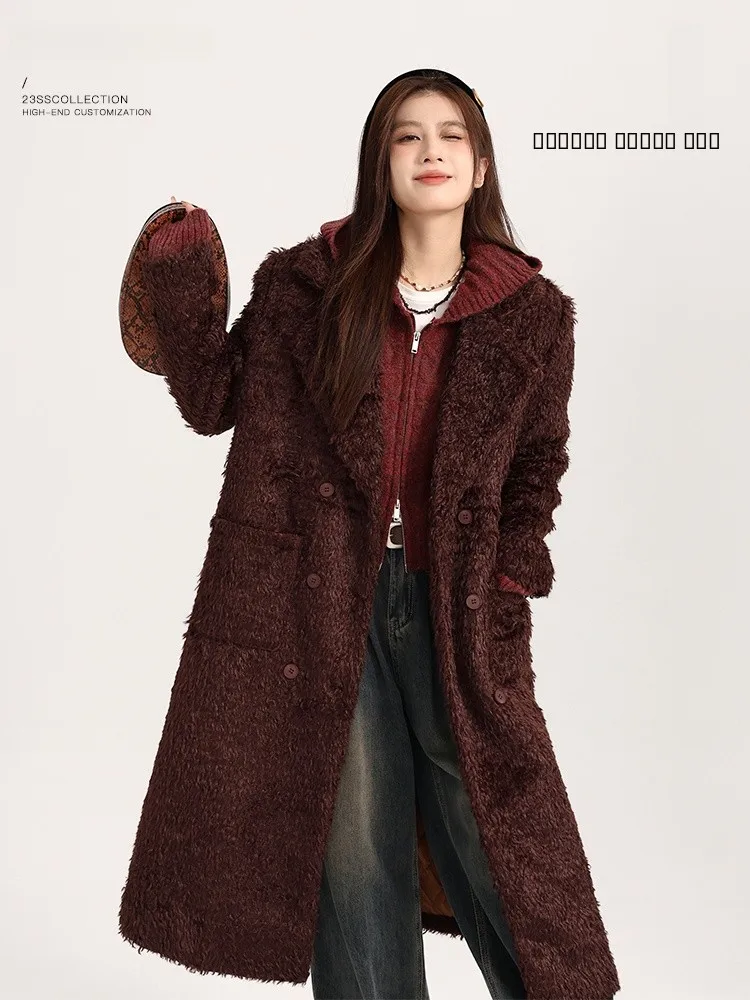 

Red Furry Woolen Coat Women's Mid-Length 2025 Winter New Sle Ele High-End Feeling Cotton Mixed Fabric Outerwear