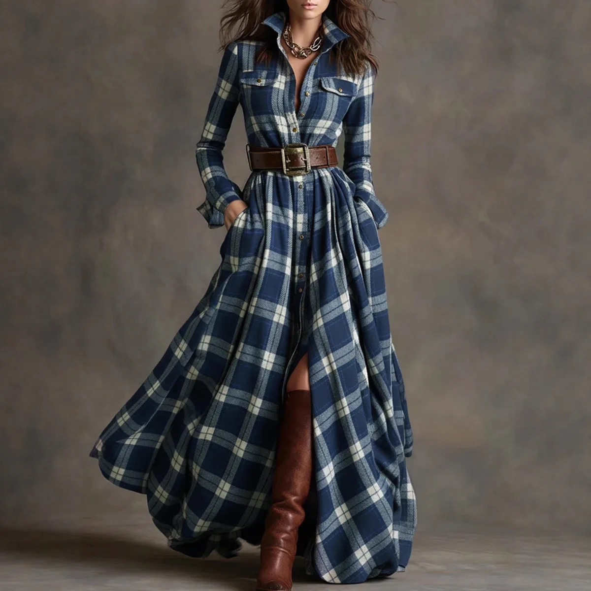 Retro Plaid Print Dresses Autumn Elegant Casual Turn-down Collar Button Shirt Maxi Dress Woman Long Sleeve Pocket Boho Dress