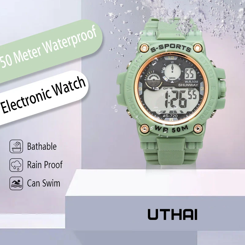 UTHAI-reloj electrónico multifuncional CE135 para niños y niñas, cronógrafo deportivo y de ocio, resistente al agua, con calendario brillante