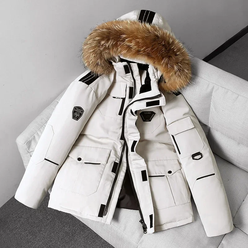 90% pato branco para baixo boné removível jaqueta térmica masculina grosso puffer jaqueta casaco de alta qualidade parka de inverno
