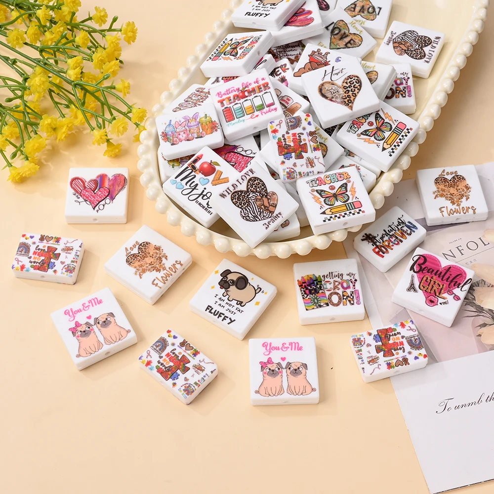 

5 шт. квадратных силиконовых бусин с принтом для цепочек-пустышек, изготовления украшений, аксессуаров для рукоделия, случайный стиль печати