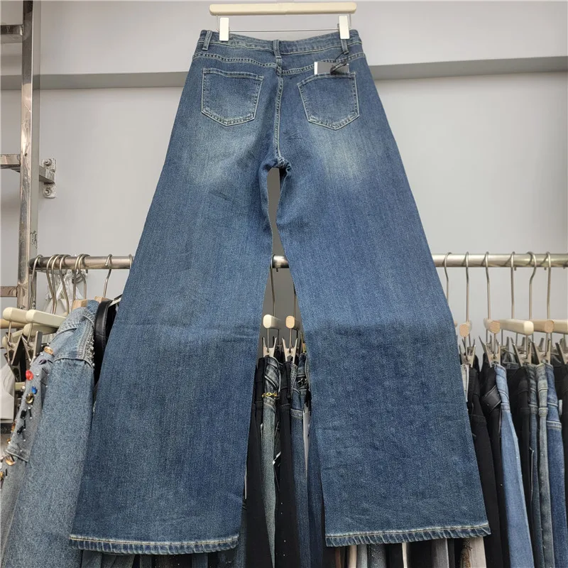 2026 New Autumn Loose Women Denim Trousers Fashionable Shiny Hot Diamonds High Waist Floor-length Wide Leg Straight Casual Jeans