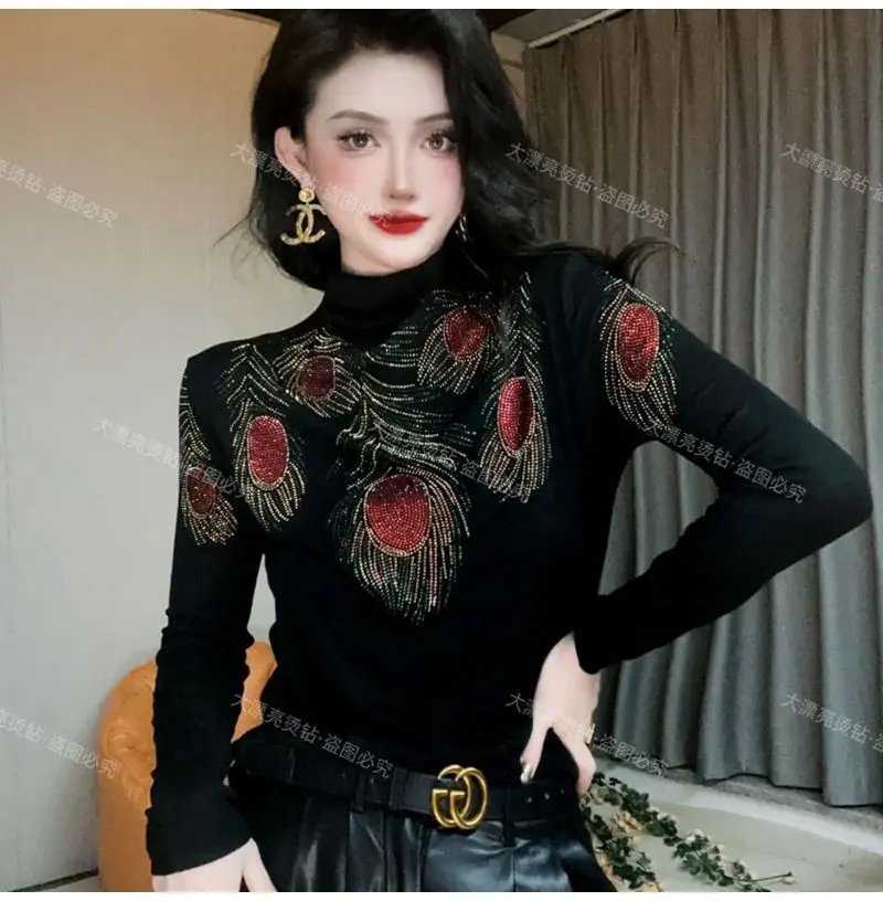 Winter New Style German Velvet Base Shirt for Women Heavy Industry Hot Stamping Fashion Slim Semi Long Sleeved Warm T-shirt Top