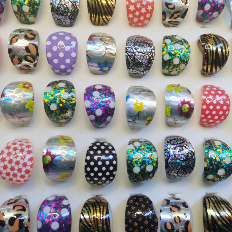 20pcs Punk Geometric Round Resin Rings For Children Leopard Dot Stripe  Acrylic Glitter Finger Ring Female Fashion Party Jewelry