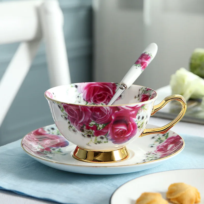 European Porcelain Painted Flower Tea Mug British Bone China Coffee Cup and Dish Set Household Ceramic Breakfast Milk Cup