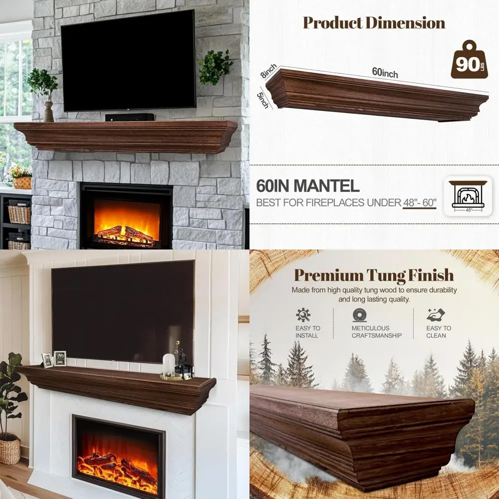 

60 Farmhouse Style Wooden Floating Shelf - Over Fireplace Wall Mount Mantel for Rustic Charm