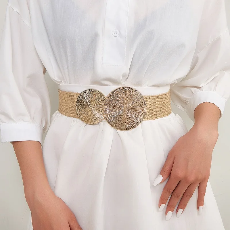 

Faux PP Straw Elasticated Waistband Women's Fashion Dress Decorative Trend Waistband Khaki Off-white Designer Belts