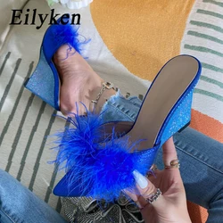 Eilyken Feather Fur Wedges Slippers Sandals Women Pointed Toe Mules Slides Female Pumps Summer Zapatillas De Mujer