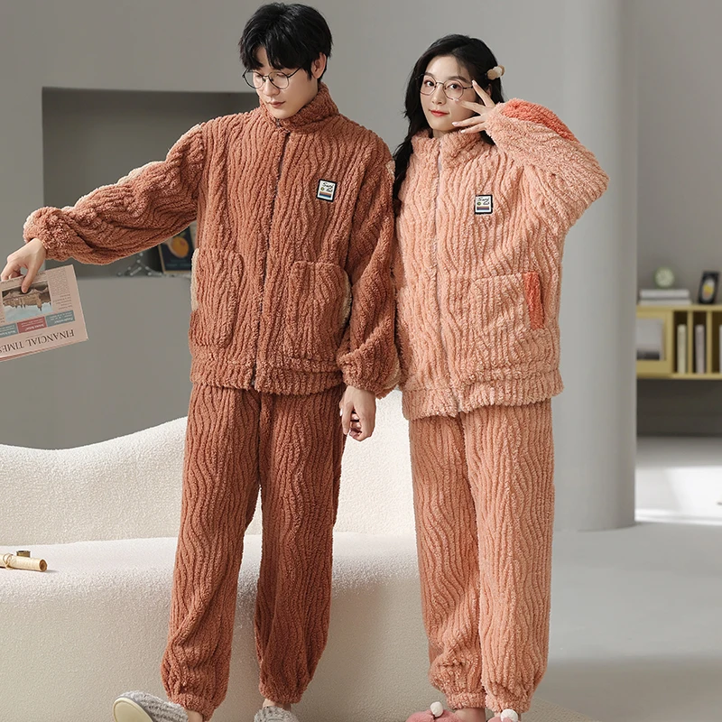 

New Winter Flannel Sleepwear Women Men Warm Fleece Couples Pajamas Set Lovers Kimono Pijamas Home Clothes