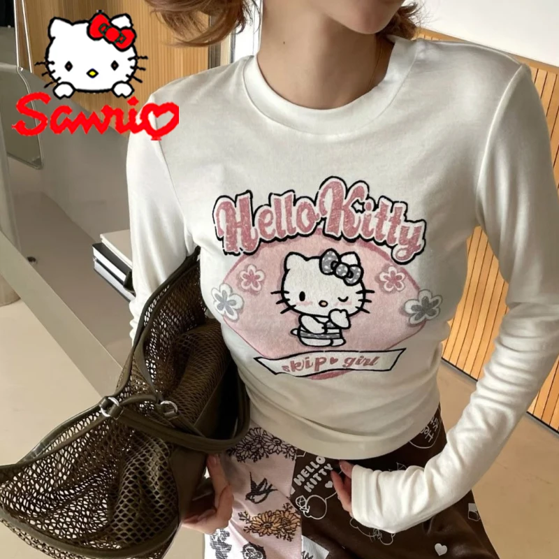 

Sanrio Hello Kitty футболка с длинными рукавами с героями мультфильмов, осень-зима, женский сексуальный облегающий топ, модное теплое базовое пальто с принтом для девочек
