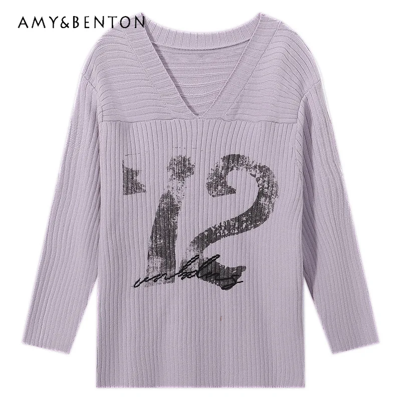 

American Retro V-Neck Long Sleeve Knitted Women's Sweater Top 2025 Autumn Winter New Y2k Loose Pullover Bottoming Shirt Ladies