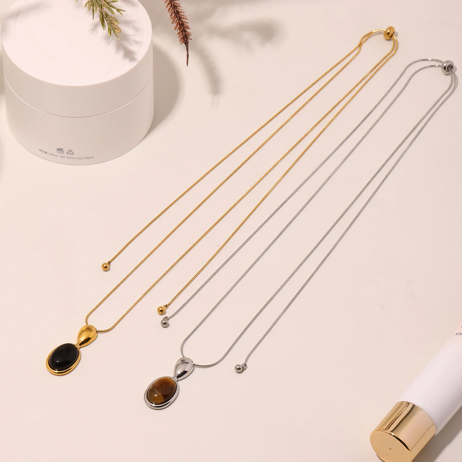 Women's Adjustable Long Pendant Necklace with Black Agate & Tiger Eye Stone