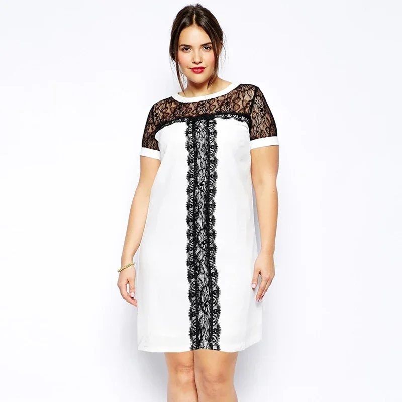 Plus Size Lace Patchwork Elegant Summer Straight Dress Short Sleeve Black And White Party Dress Large Size Work Office Dress 7XL