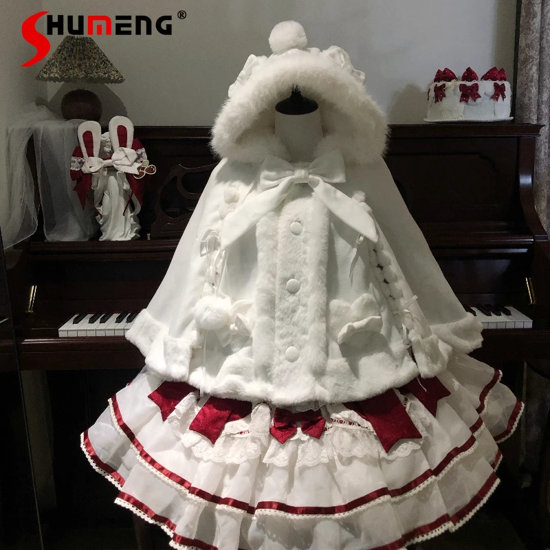 

Christmas Lolita Cos Hooded Cloak Winter Japanese Soft Girl Kawaii Plush Warm Jacket Coat Princess Birthday Party Capes Ponchos